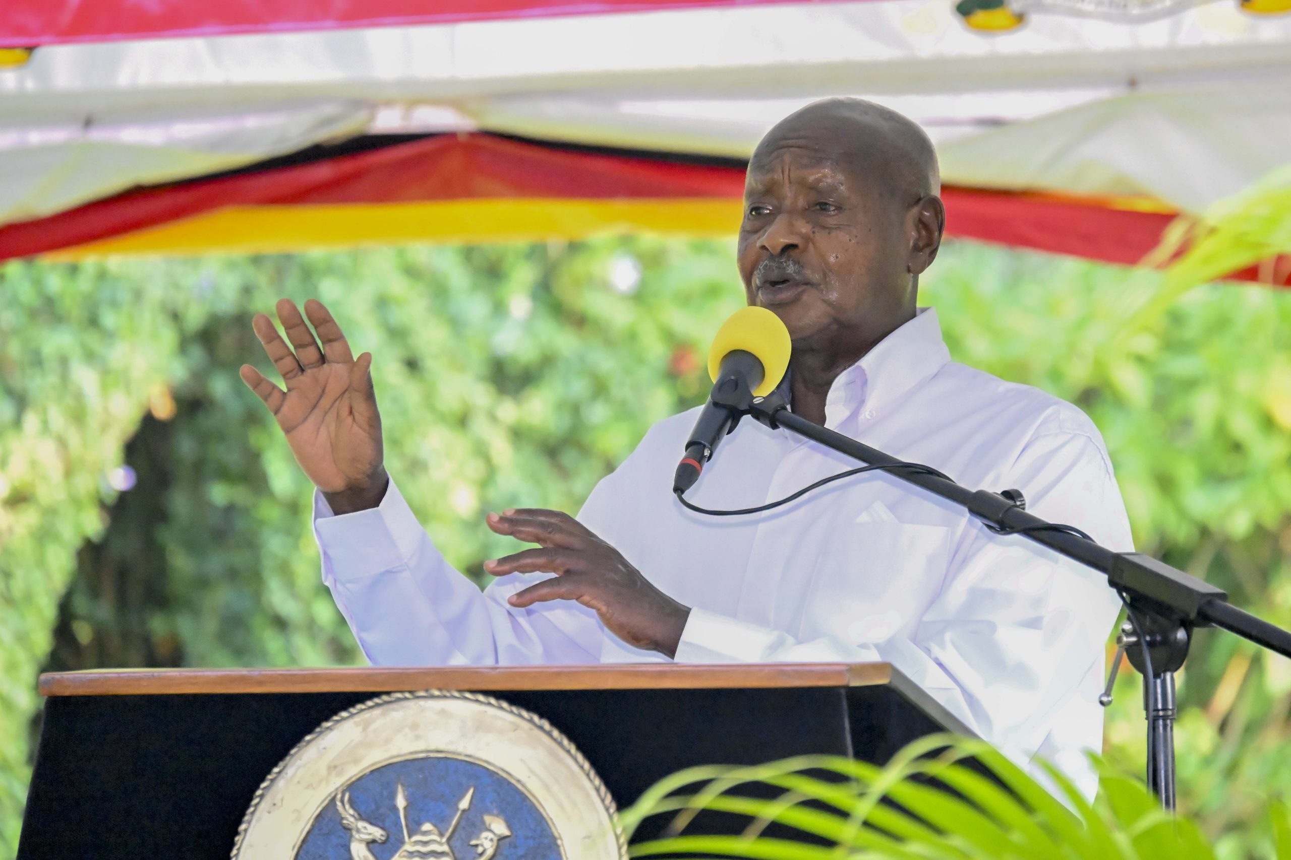 President Yoweri Kaguta Museveni giving a keynote address when meeting Political leaders from Sembabule and Gomba districts at the State House Entebbe on the 2nd July 2024. Photo by PPU/Tony Rujuta.