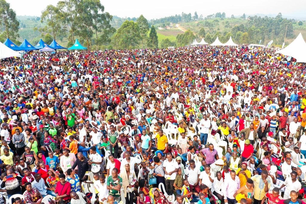 President Museveni addressing a rally in Ruhinda North, Mitooma district during Mzee Daudi Bangirana and Deputy Speaker Thomas Tayebwa's  Thanksgiving celebrations on Sunday. PPU Photo