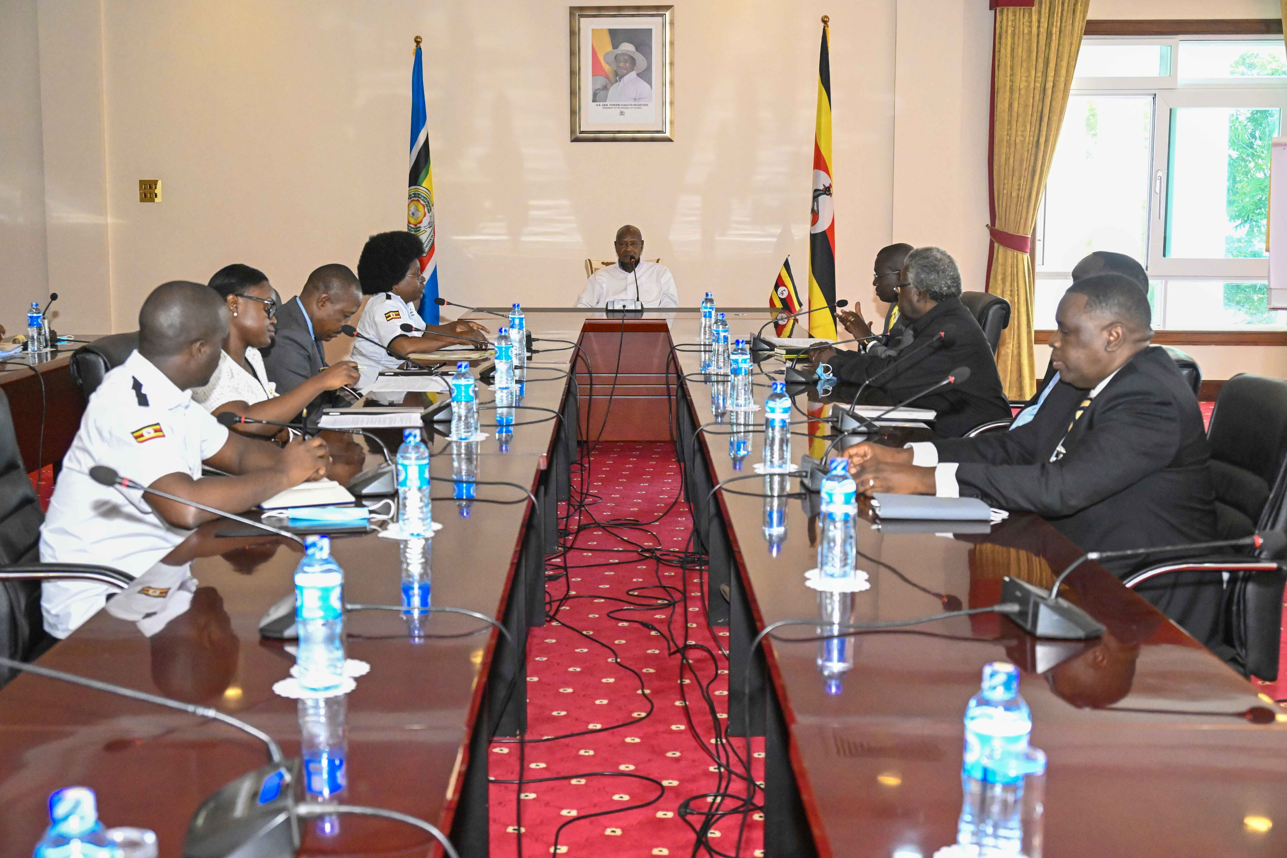 President Yoweri Kaguta Museveni a meeting with the Minister for Science, Technology, and Innovation Monica Musenero, State Minister for Foreign Affairs in charge of Regional Affairs John Mulimba, Kiira Motors Executive Chairman Prof. Tickodri Togboa, Paul Musaasizi, Dr. Allan Muhumuza, Ms. Carthy Muwumuza, Dr. Cosmas Mwikirize, David Gonahaza and Dr Wakadi Patrick when a briefing to the President of Uganda on the progress of the Kayoola buses and the work with the H.E to position the Kayoola buses for the regional Market, the meeting took place at the State House Entebbe on the 2nd July 2024. Photo by PPU/Tony Rujuta.