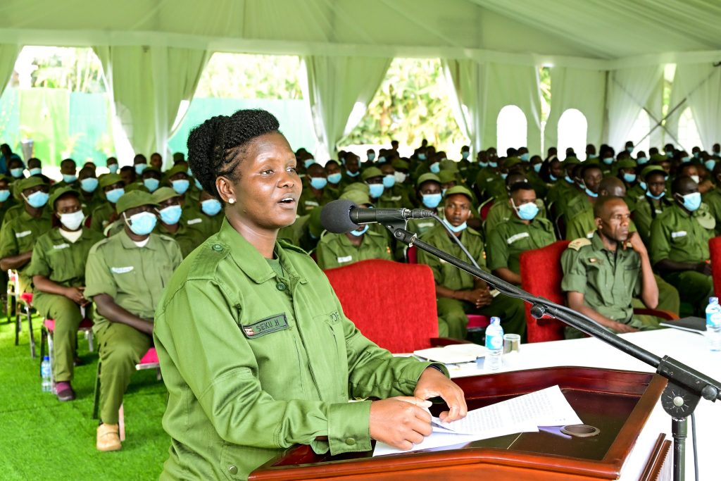 Commissioner in charge of patriotism Hellen Seku addressing  intern doctors at State House Entebbe on Saturday. PPU Photo