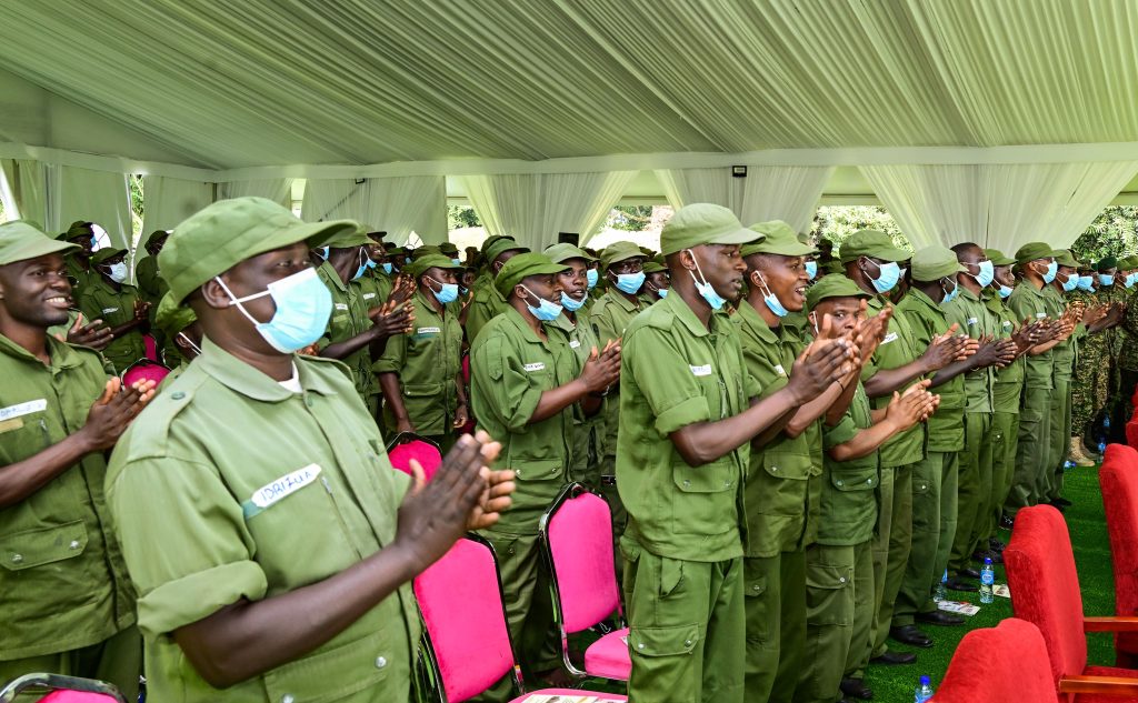 Intern doctors from across the country singing patriotic songs during an opportunity lecture with President Museveni at State House Entebbe on Saturday. The interns have concluded a leadership training course at Kyankwanzia