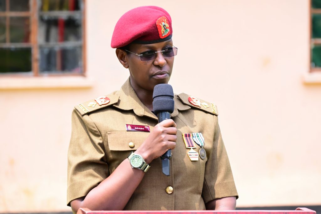 Lt Col Betty Agaba addressing newly promoted SFC officers and their guests during the pipping ceremony at Entebbe on Friday PPU Photo