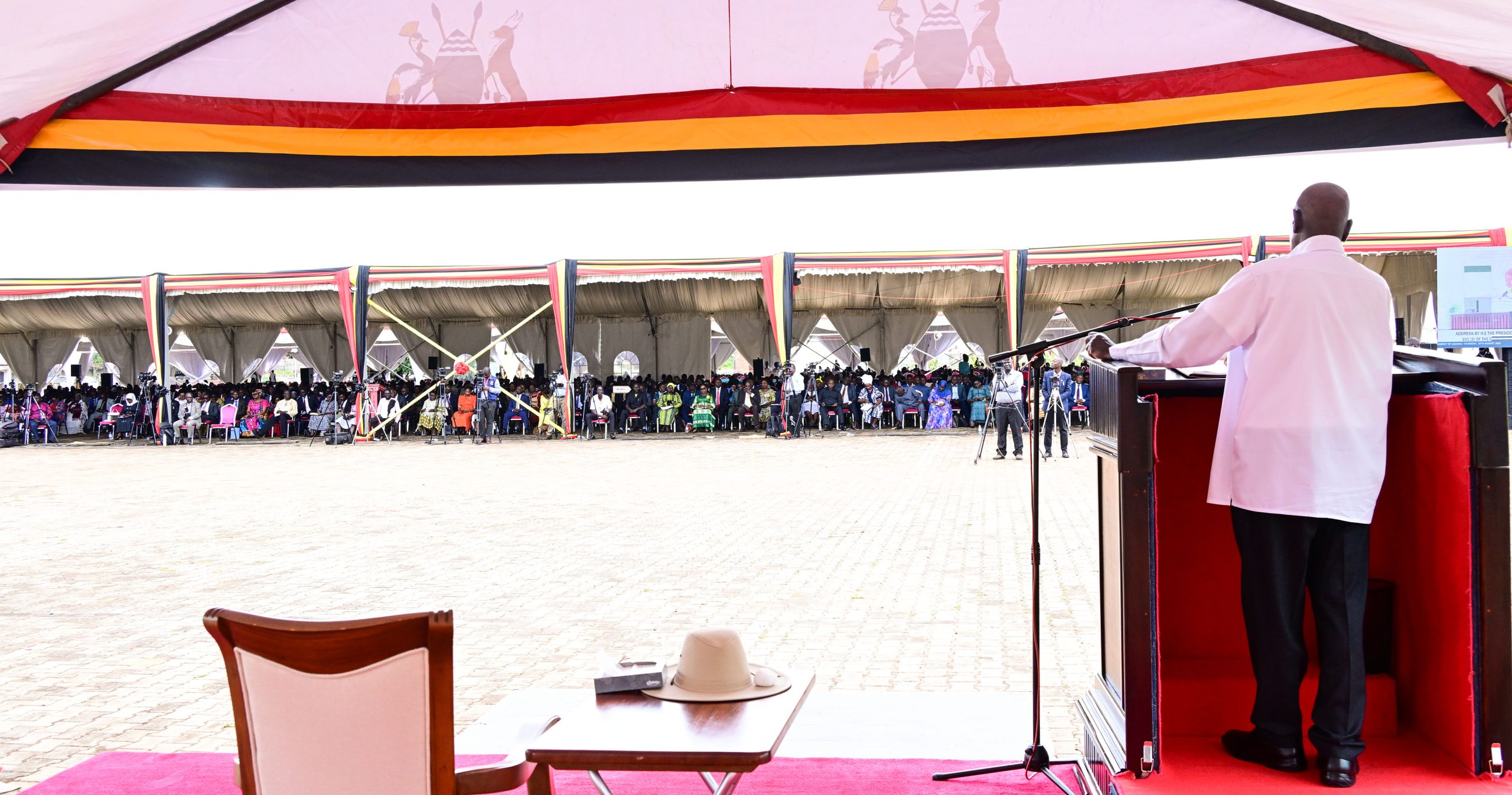 President Museveni addressing the members of parliament sittimg at Kaunda grounds in Gulu City on Thursday PPU Photo