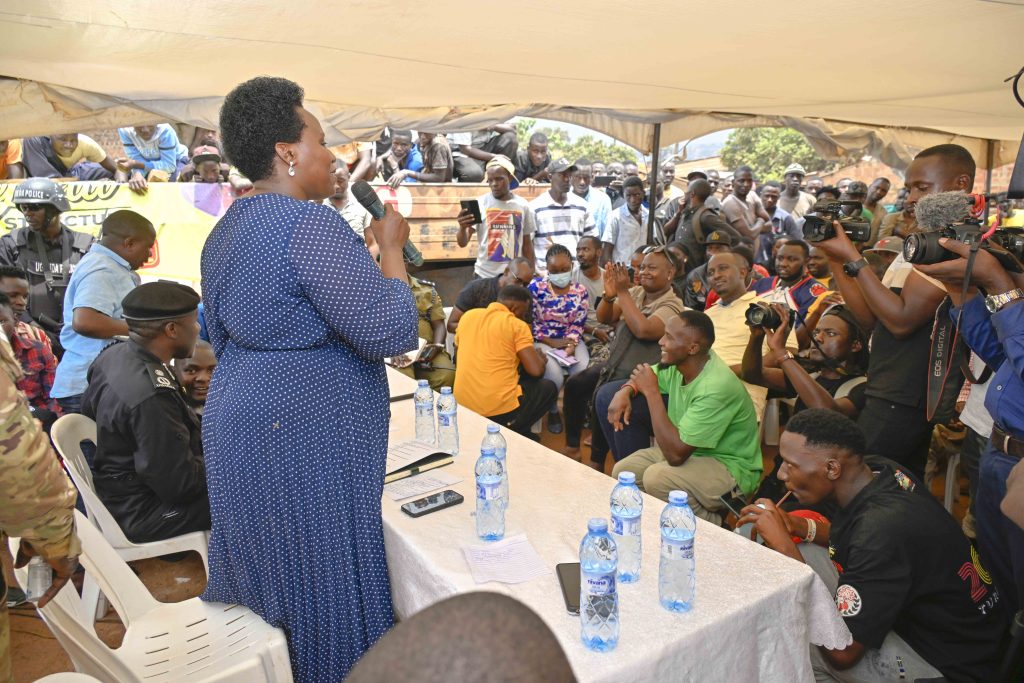 State House Comptroller Jane Barekye making her remarks before the  handing over 36 boda bodas that is, 3 bikes for each of the 12 SACCOS in the Kampala Ghetto Structures, the State House Comptroller was fulfilling the pledge made by President Yoweri Kaguta Museveni, the handover of the Boda Bodas took place in Bwaise- Kawempe Division in Kampala on the 4th September 2024. Photo by PPU/ Tony Rujuta.