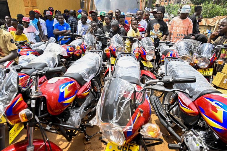 Some of the 36 boda bodas that are going to be received by the12 SACCOS in the Kampala Ghetto Structures, the State House Comptroller Jane Barekye is giving out 3 bikes for each of the 12 SACCOS of the Kampala Ghetto Structures, the State House Comptroller was fulfilling the pledge made by President Yoweri Kaguta Museveni, the handover of the Boda Bodas took place in Bwaise- Kawempe Division in Kampala on the 4th September 2024. Photo by PPU/ Tony Rujuta.