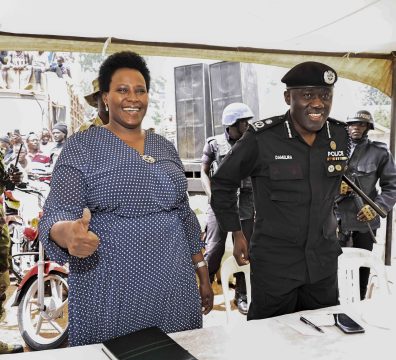 State House Comptroller Jane Barekye and the Crime Intelligence Director AIGP Brig. Gen. Christopher Ddamulira ready to preside over a function to handover 36 boda bodas that is, 3 bikes for each of the 12 SACCOS in the Kampala Ghetto Structures, the State House Comptroller was fulfilling the pledge made by President Yoweri Kaguta Museveni, the handover of the Boda Bodas took place in Bwaise- Kawempe Division in Kampala on the 4th September 2024. Photo by PPU/ Tony Rujuta.