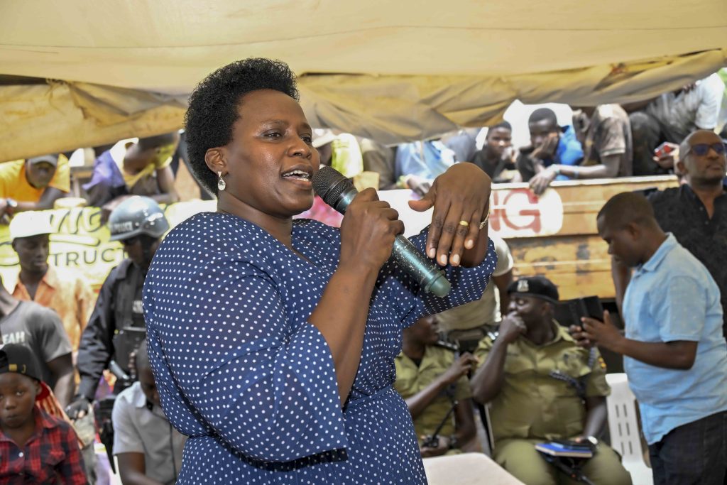 State House Comptroller Jane Barekye making her remarks before the  handing over 36 boda bodas that is, 3 bikes for each of the 12 SACCOS in the Kampala Ghetto Structures, the State House Comptroller was fulfilling the pledge made by President Yoweri Kaguta Museveni, the handover of the Boda Bodas took place in Bwaise- Kawempe Division in Kampala on the 4th September 2024. Photo by PPU/ Tony Rujuta.