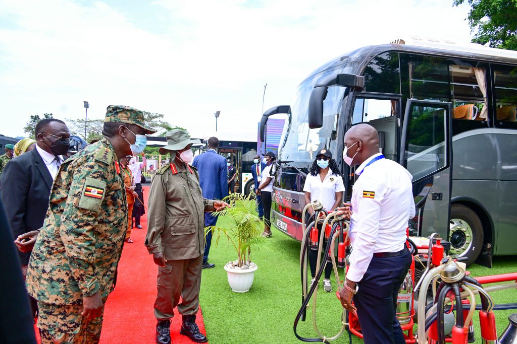 Lt. Gen James Mugira MD of NEC takes President Museveni on a guided tour of some of the products exhibited by UPDF during the 1st Kampala Defence and Security Expo 2024 at Munyonyo on Tuesday. PPU Photo