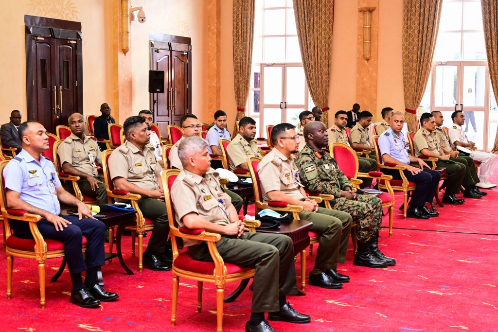 Officers from Bangaladesh National Defence College listening to President Museveni's address during an opportunity lecture at State House Entebbe on Wednesday Sept 11th. PPU Photo