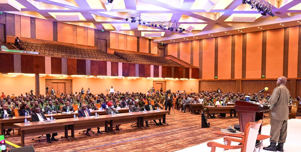 President Museveni addressing guests during Gen Aronda memorial lecture at Munyonyo on Thursday. PPU Photo