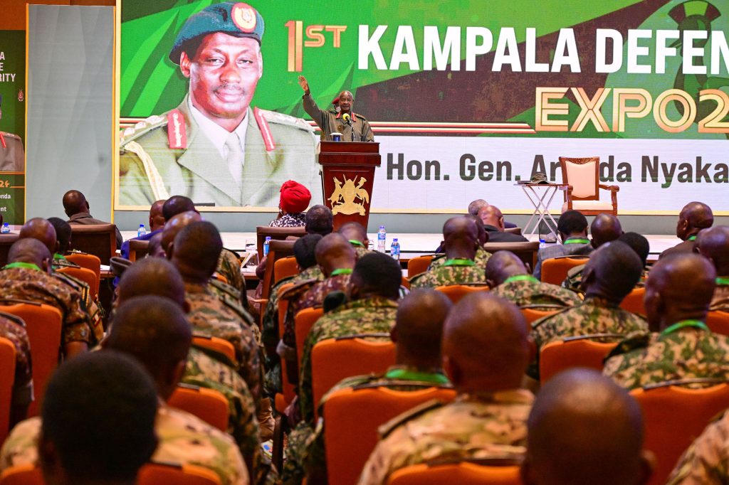 President Museveni addressing guests during Gen Aronda memorial lecture at Munyonyo on Tuesday. PPU Photo