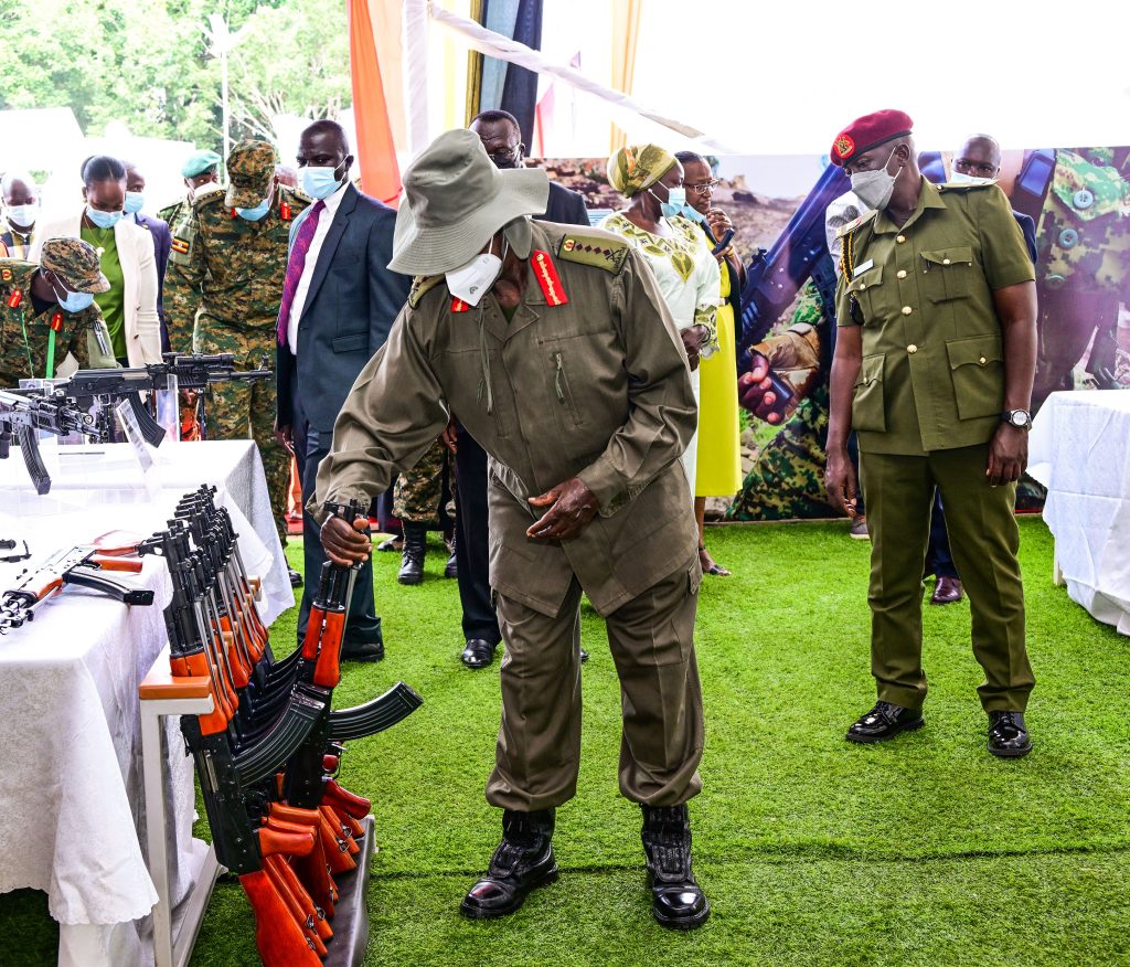 President Museveni inspects some of the guns being exhibited by the UPDF after opening the 1st Kampala Defence and Security Expo 2024 at Munyonyo on Tuesday PPU Photo