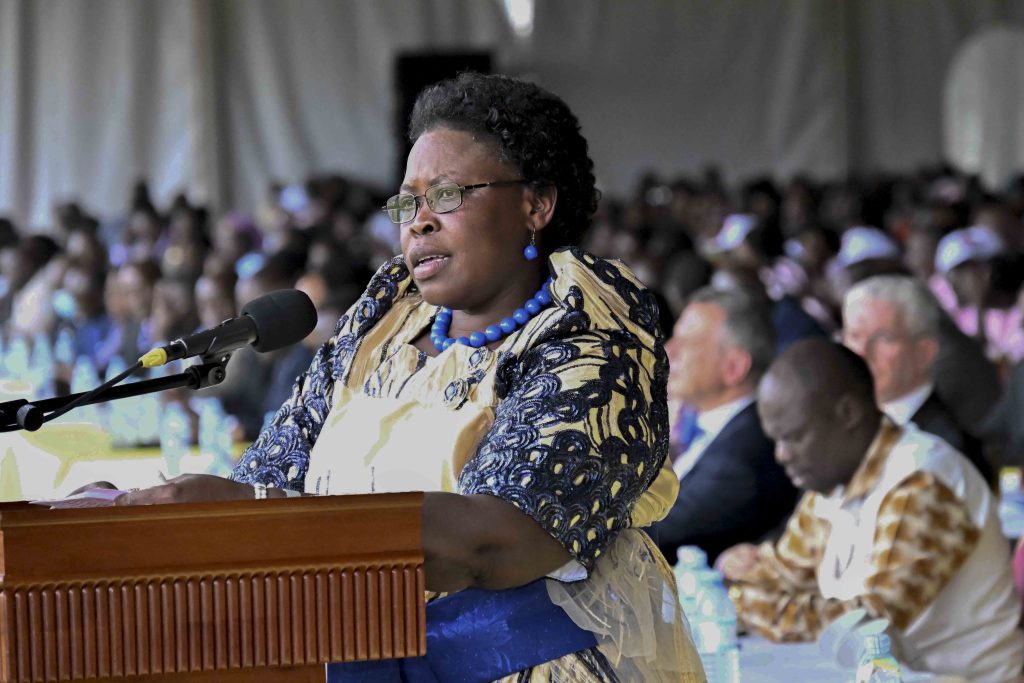 Minister of State for Primary Education Dr. Joyce Moriku Kaducu, making her remarks during the World Teacher’s Day Celebrations at Lugogo, Kampala on the 19th October 2024. Photos by PPU/Tony Rujuta.