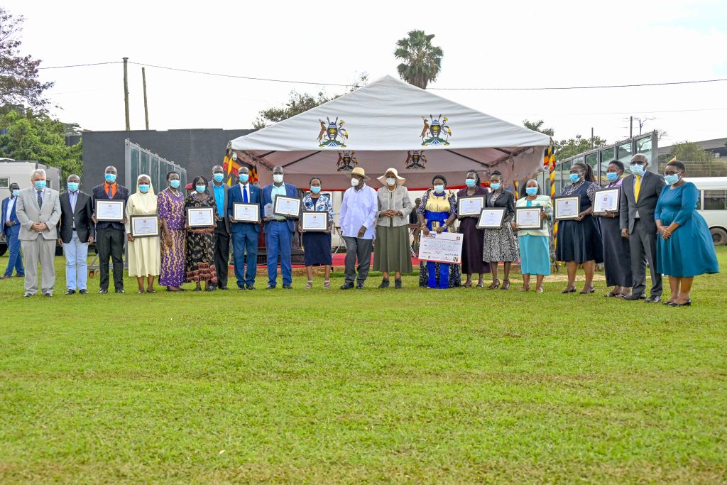 President Yoweri Kaguta Museveni and First Lady/ Ministry of Education and Sports Janet Kataha Museveni in a group photo with best teachers that have made a difference during the World Teacher’s Day Celebrations at Lugogo, Kampala on the 19th October 2024. Photos by PPU/Tony Rujuta.