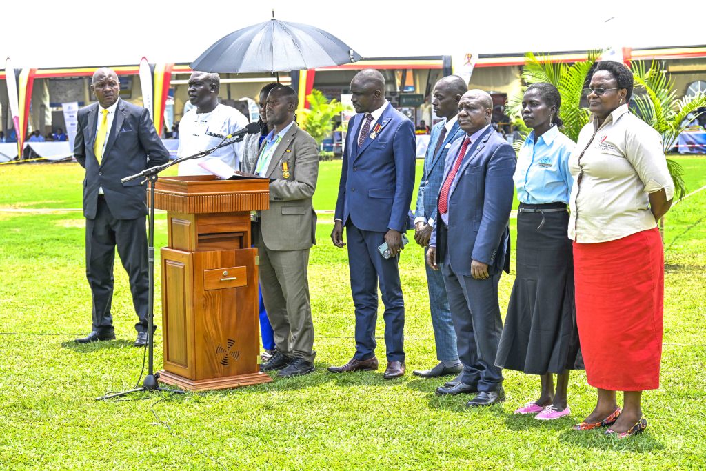 Uganda Liberal Teachers Union President General Kaganizo Mutesasira Evans representing the Teachers’ Unions standing with Teacher’s Union heads makes his  remarks during the World Teacher’s Day Celebrations at Lugogo, Kampala on the 19th October 2024. Photos by PPU/Tony Rujuta.