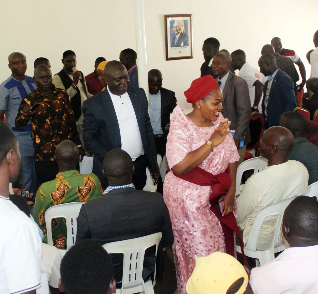 Iganga woman MP Sauda A Kauma in gomesi leads Farouk Kirunda after meeting Busoga MCs at Skyeez Hotel in Iganga PHOTO BY GEORGE BITA