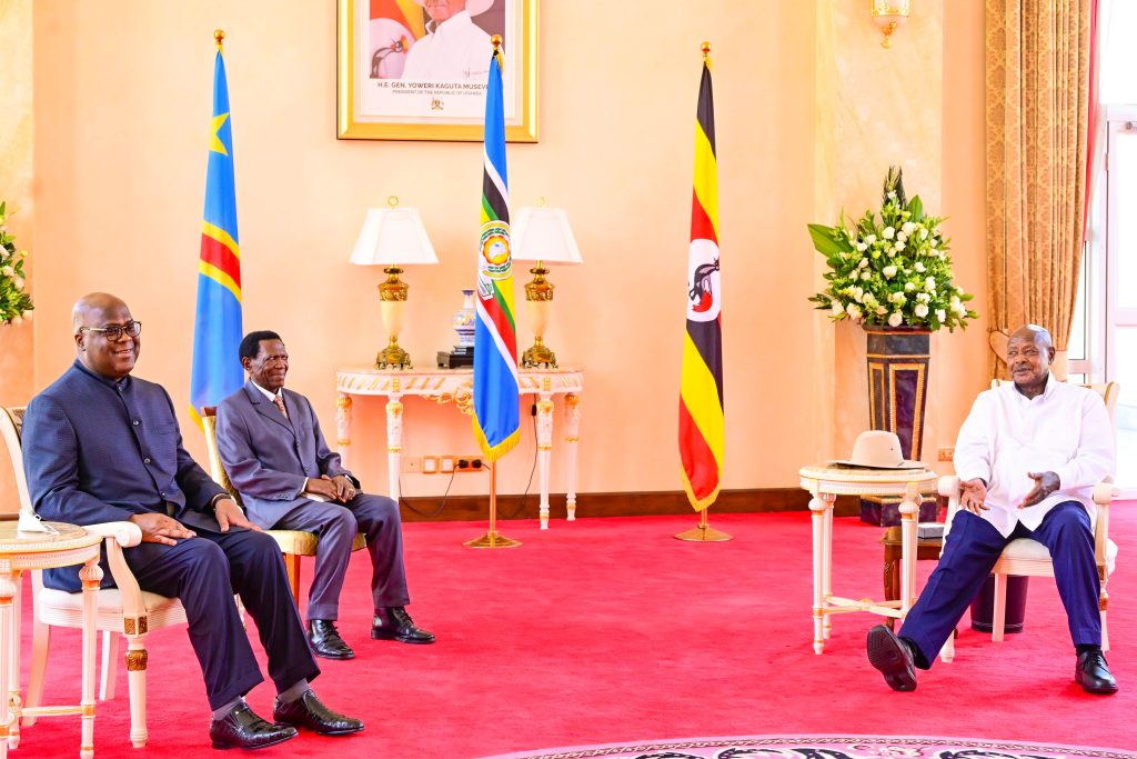 President Museveni holding a meeting with President Felix Tshisekedi of DR Congo at State House Entebbe on Wednesday. The DRC President is in Uganda on a one day working visit. PPU Photo