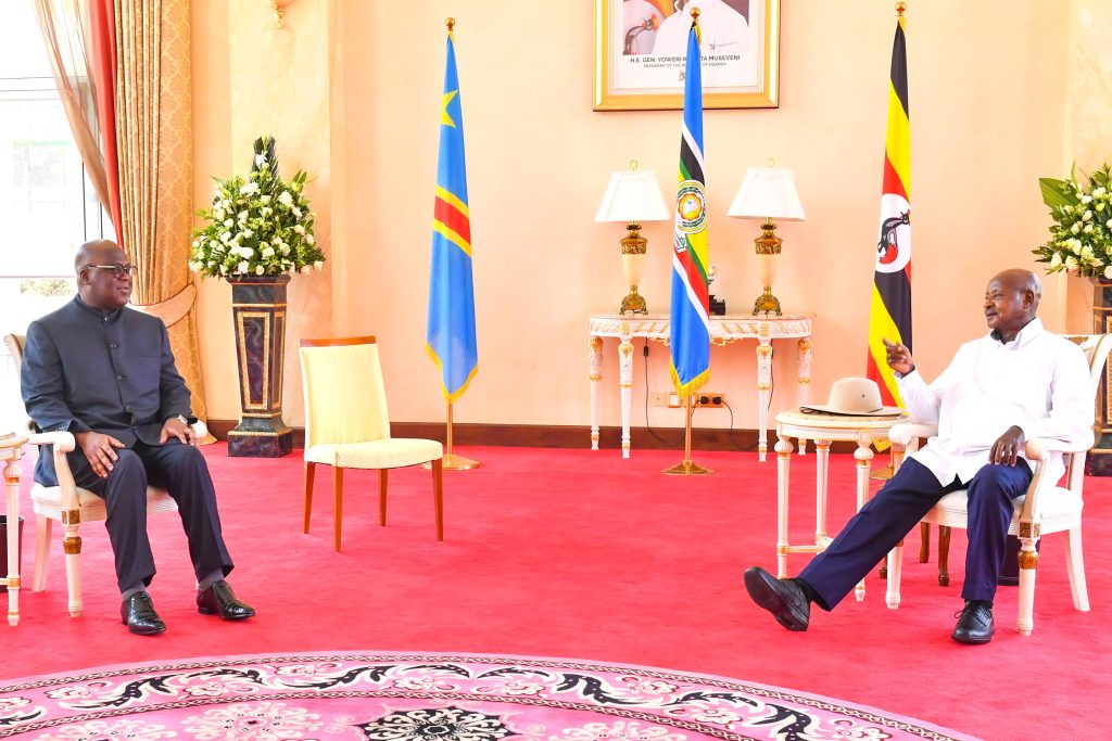 President Museveni holding a meeting with President Felix Tshisekedi of DR Congo at State House Entebbe on Wednesday. The DRC President is in Uganda on a one day working visit. PPU Photo.