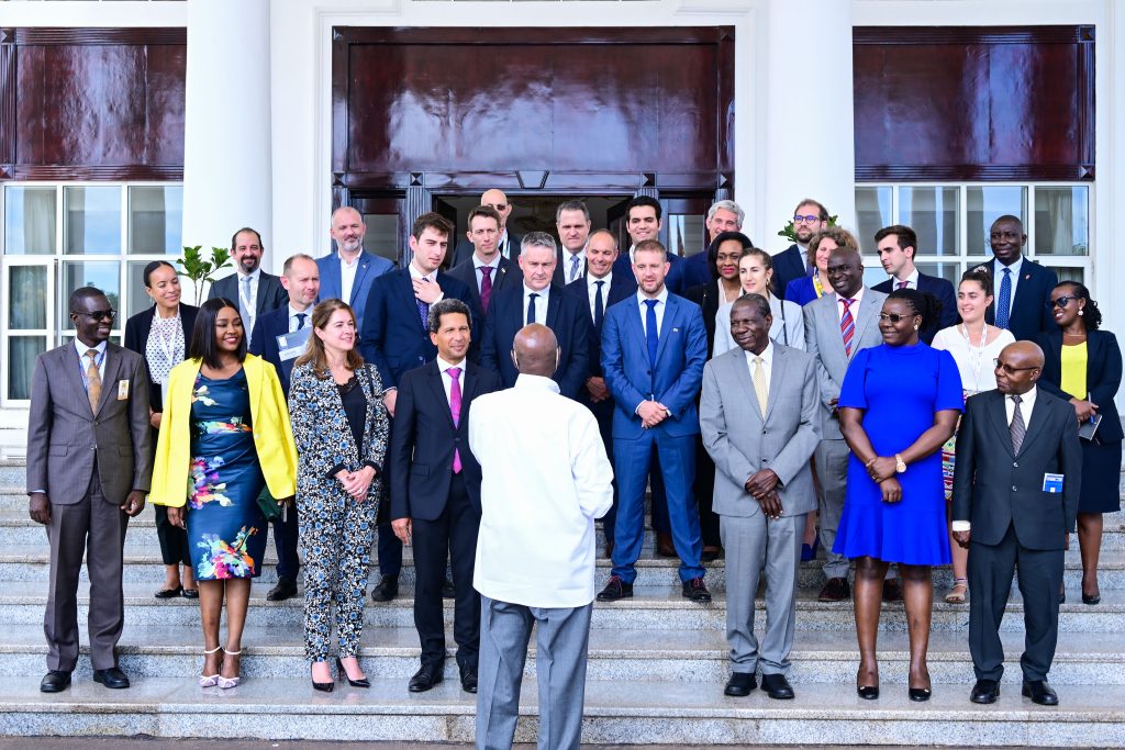 President Museveni chats with a delegation of French investors after a meeting at State House Entebbe on Tuesday. also in the photo are Finance Minister Matia Kasaija and French Ambassador to Uganda. PPU Photo