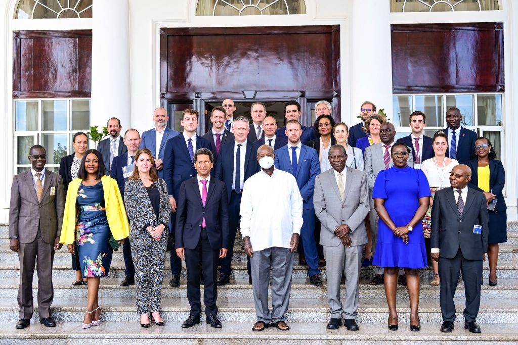 President Museveni poses for a photo with a delegation of French investors after a meeting at State House Entebbe on Tuesday. Also in the photo are Finance Minister Matia Kasaija and French Ambassador to Uganda. PPU Photo