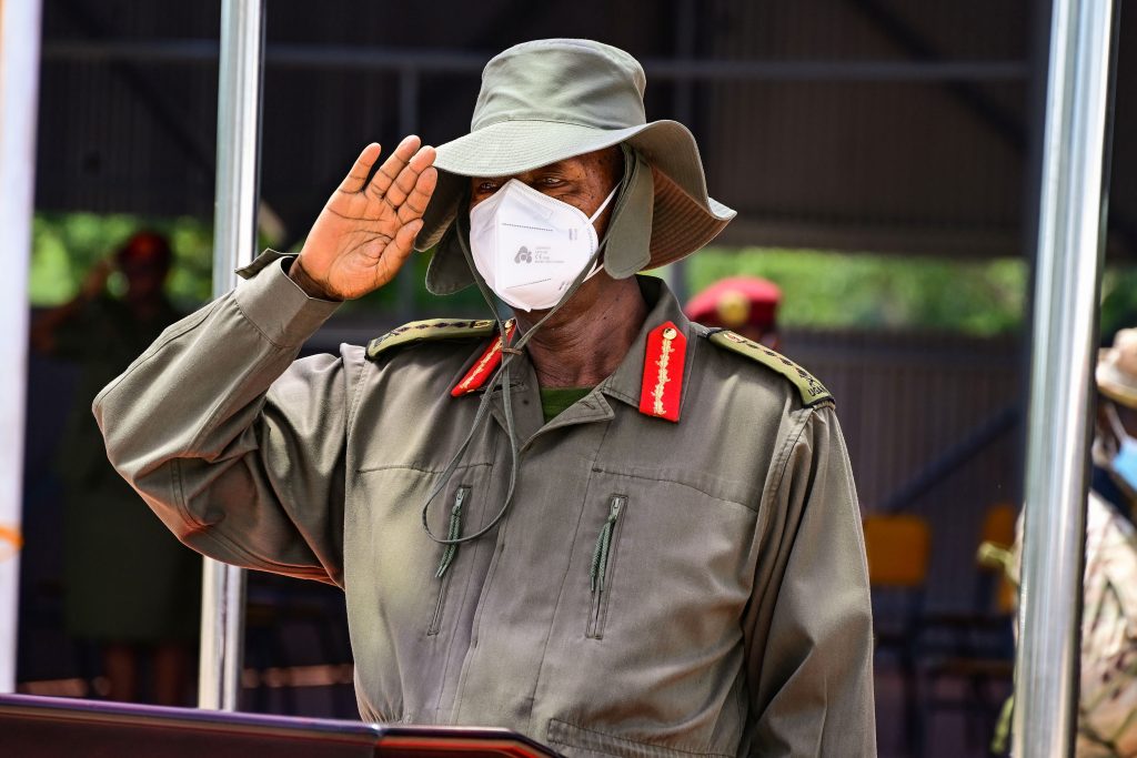 President Museveni salutes during the military parade by cadet officers at their paaout at Uganda Military Academy in Kabamba on Tuesday PPU Photo