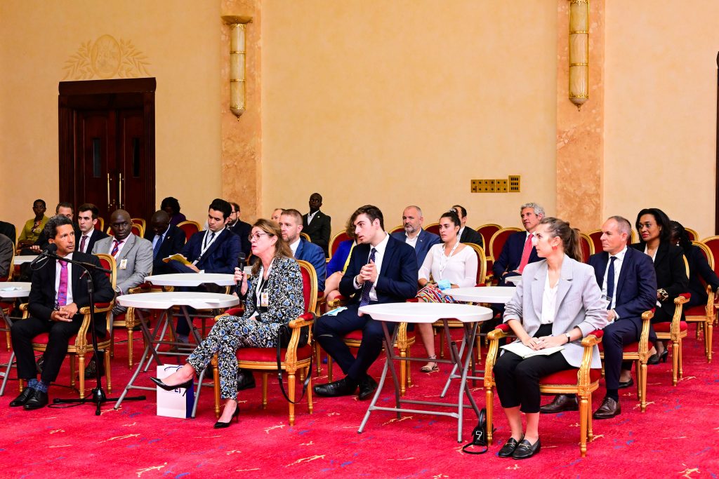 The French investors during a a meeting at State House Entebbe on Tuesday also in the photo are Finance Minister Matia Kasaija and French Ambassador to Uganda. PPU Photo