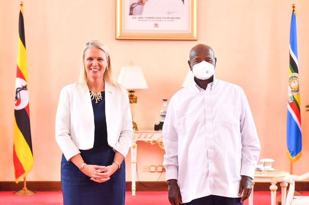 British High Commissioner to Uganda Lisa Chesney poses for a photo with President Museveni after presenting her credentials at State House Entebbe on Thursday PPU Photo