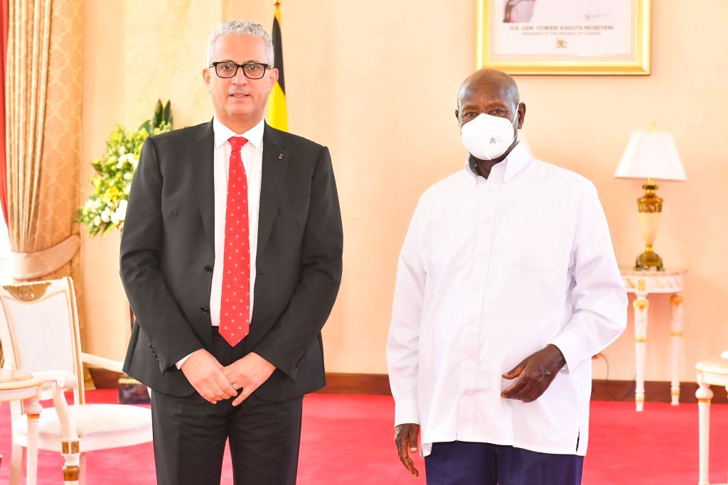 Jordan's new ambassador to Uganda Firas Khouri poses for a photo with President Museveni after presenting his credentials at State House Entebbe on Thursday PPU Photo