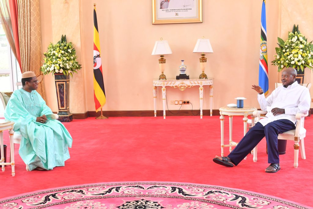 Mali's ambassador to Uganda Madou Diallo meeting President Museveni after presenting his credentials at State House Entebbe on Thursday PPU Photo