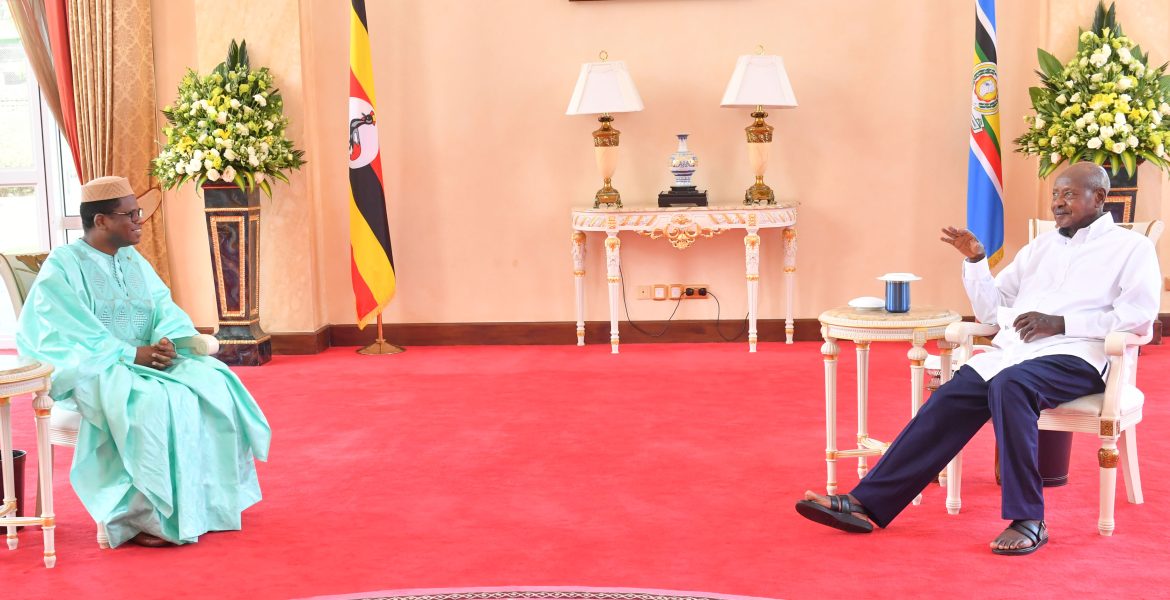 Mali's ambassador to Uganda Madou Diallo meeting President Museveni after presenting his credentials at State House Entebbe on Thursday PPU Photo