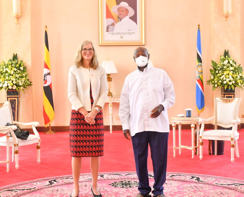 Norway's new ambassador to Uganda Tone Tinnes poses for a photo with President Museveni after presenting her credentials at State House Entebbe on Thursday PPU Photo