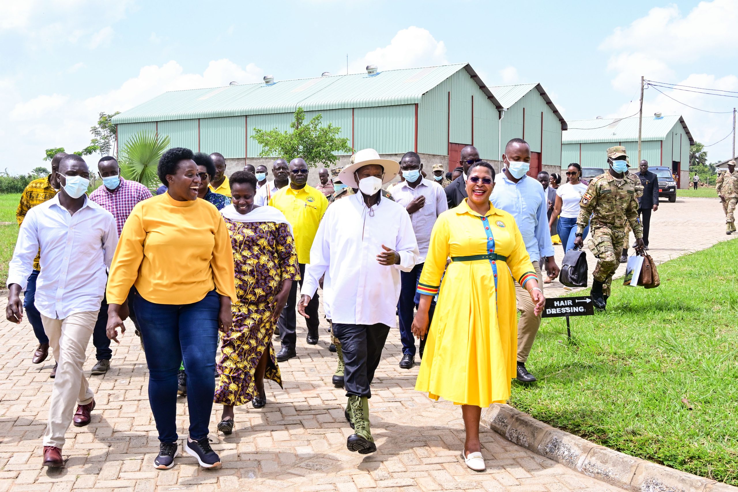 State house Comptroller Jane Barekye (2ndL) takes President Museveni, VP Alupo, Speaker Among ministers and leaders on a guided tour of the Teso Industrial hub during its commissioning on Tuesday. PPU Photo