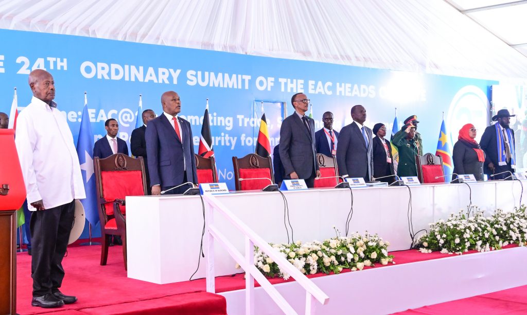 President Museveni L and other EAC member presidents attending the 25th EAC summit in Arusha Tanzania on Saturday PPU Photo