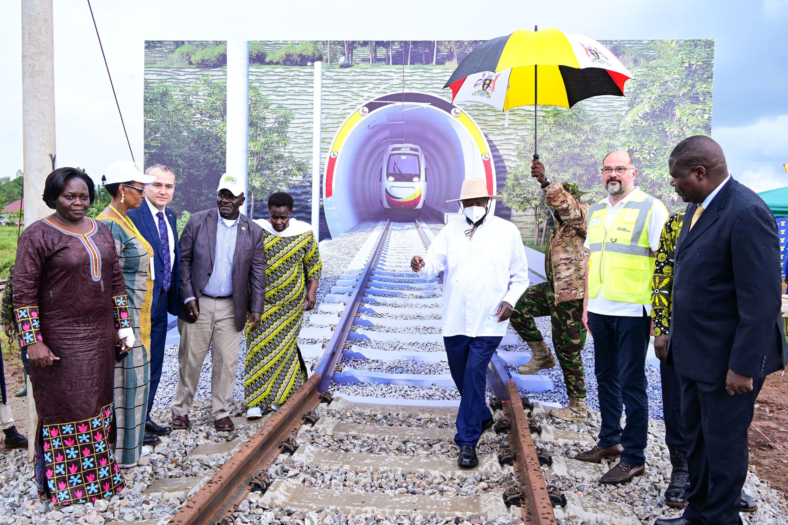 President Museveni VP Alupo Ministers Katumba Wamala Oboth Oboth and Byabakama pose for a photo with chairman of Yapi Merkezi in a reflector and Turkish amb to Uganda during the laying of the foundation