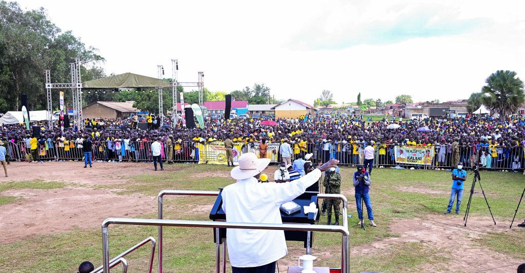 President Museveni addresses a rally at Kaberamaido Primary School grounds in Kaberamaido town on Wednesday PPU Photo