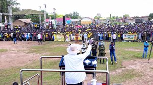 President Museveni addresses a rally at Kaberamaido Primary School grounds in Kaberamaido town on Wednesday PPU Photo