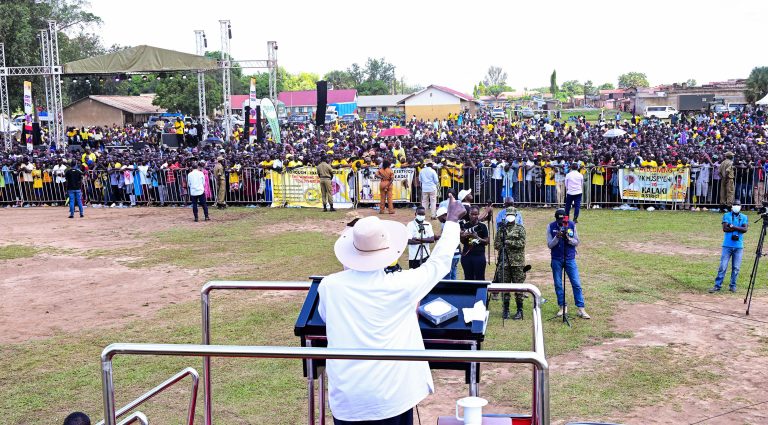 President Museveni addresses a rally at Kaberamaido Primary School grounds in Kaberamaido town on Wednesday PPU Photo