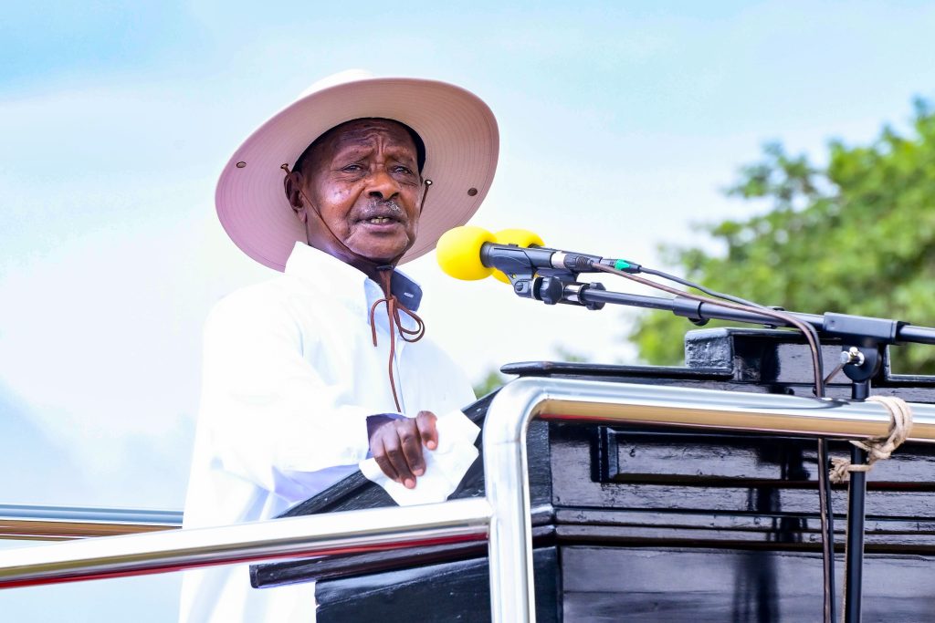 President Museveni addressing a PDM rally at Kaberamaido Primary School grounds in Kaberamaido town on Wednesday PPU Photo