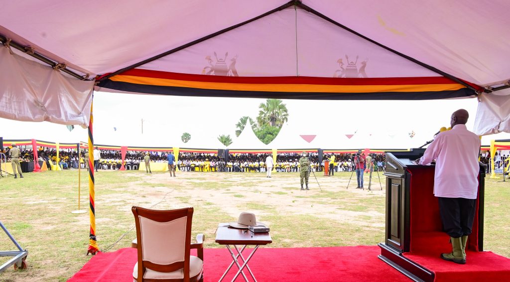 President Museveni addressing the people and students after commissioning Teso Industrial hub on Tuesday PPU Photo