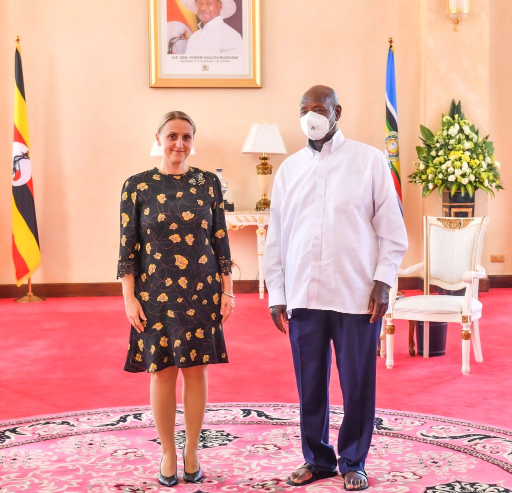 Slovaks new ambassador to Uganda Katarina Zuffa poses for a photo with President Museveni after presenting her credentials at State House Entebbe on Thursday PPU Photo