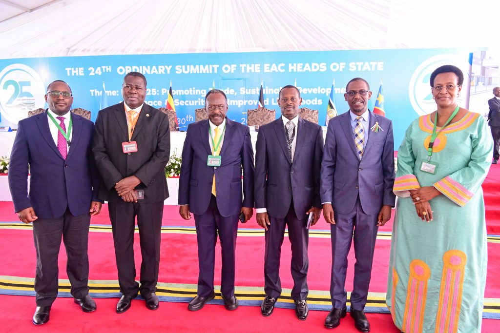 Some of the Ugandan delegates attending the EAC summit in Arusha on Saturday 3rd L is Amb Fred Mwesigye Ugandas High Commissioner to Tanzania PPU Photo