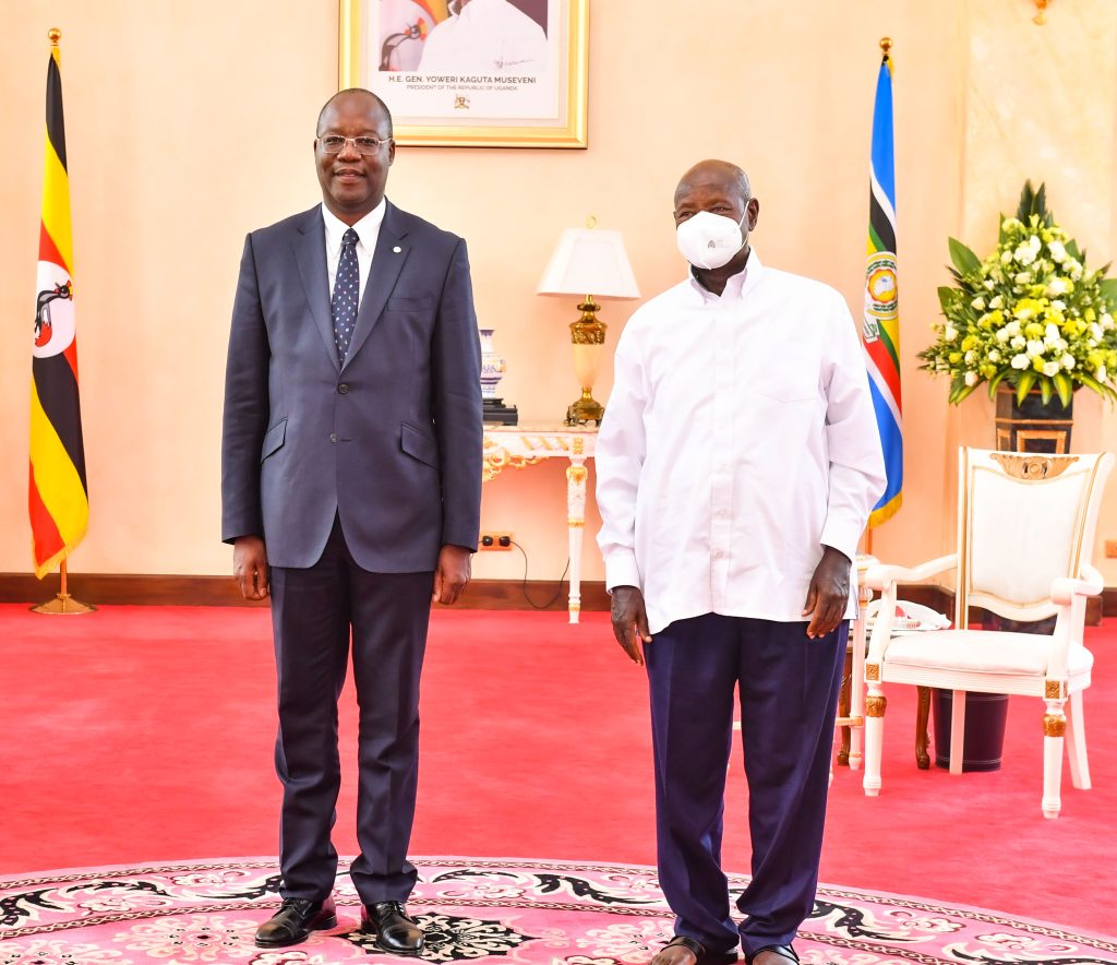 UNRC ambassador to Uganda Leonard Zulu poses for a photo with President Museveni after presenting his credentials at State House Entebbe on Thursday PPU Photo