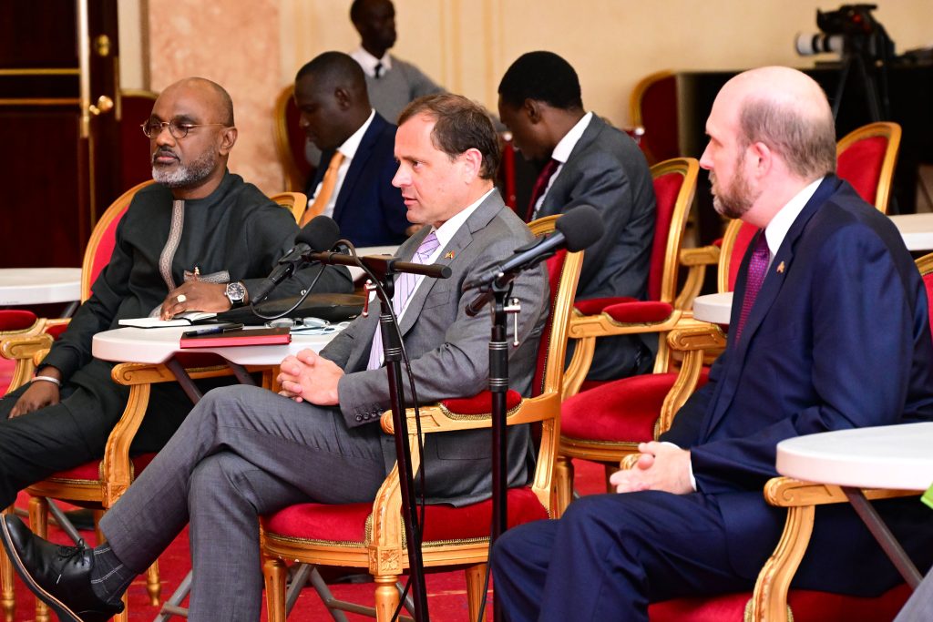 USA special envoy on the Sudan Tom Periello C speaking during a meeting with President Museveni on Monday R is USA ambassador to Uganda William Popp and L is amb Ayebare PPU Photo