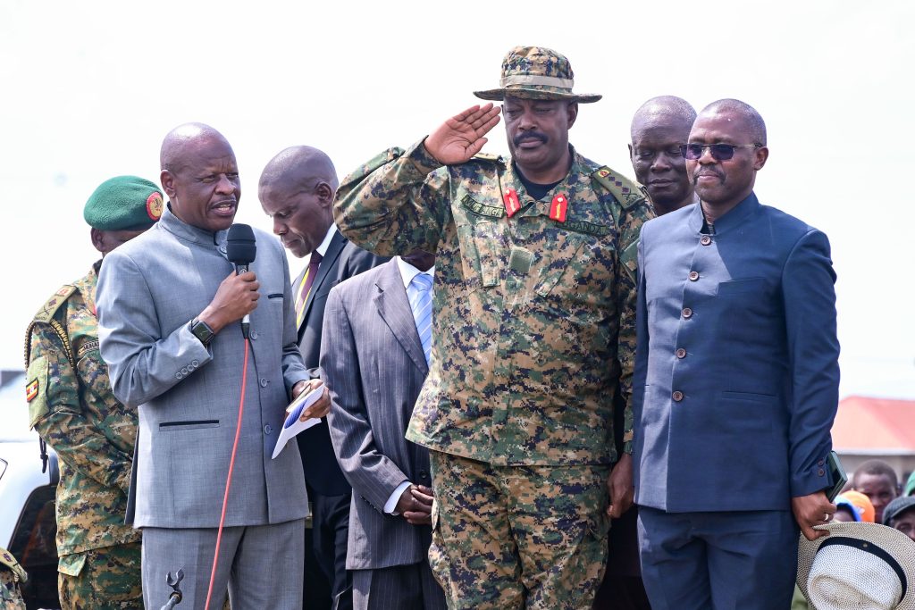 Gen Mbadi L introduces Gen Kayanja Muhanga and other senior officers during his thanksgiving in Kasese on Saturday PPU Photo