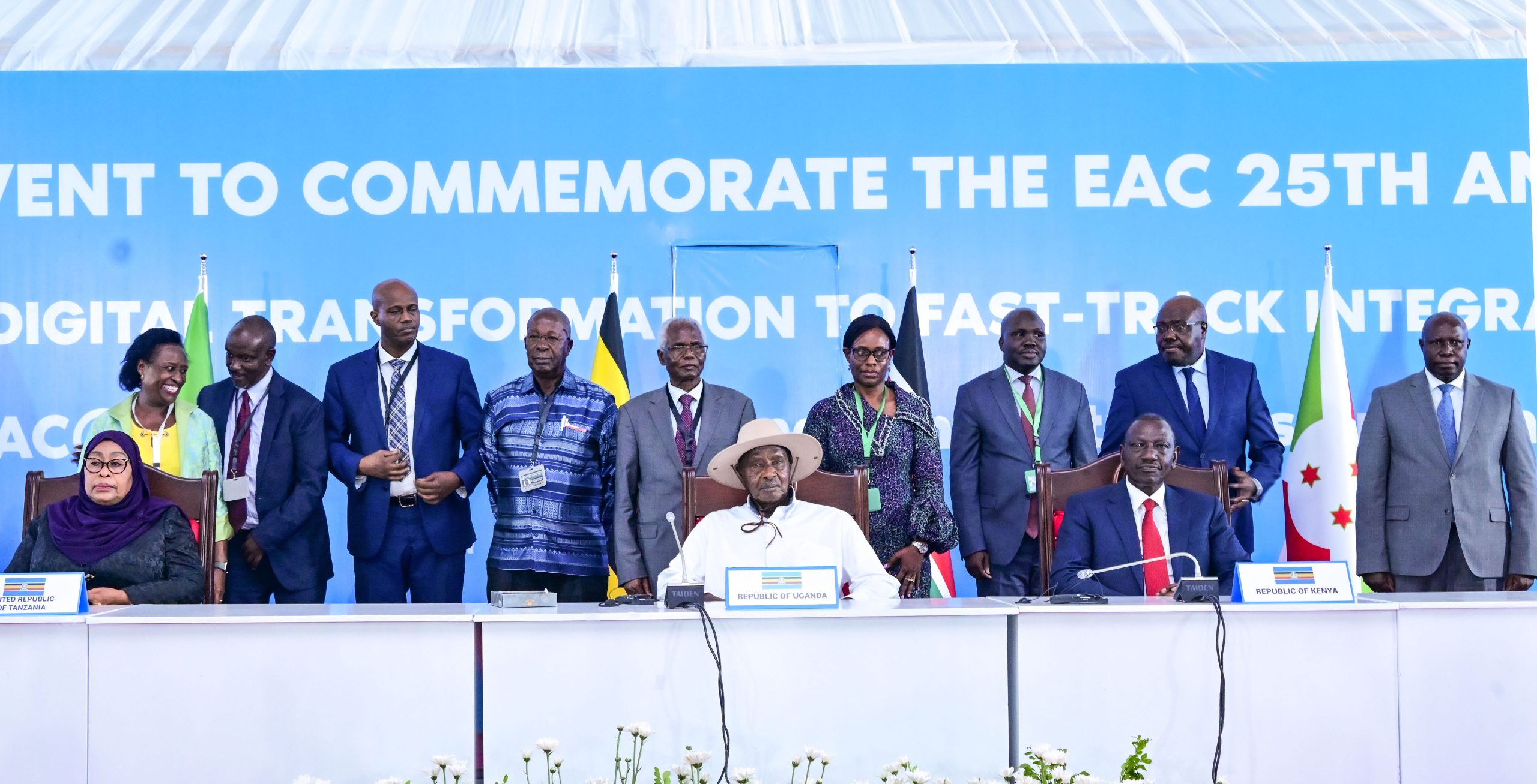 President Museveni (C) and other EAC leaders attending the EAC 25th anniversary in Arusha on Friday. PPU Photo