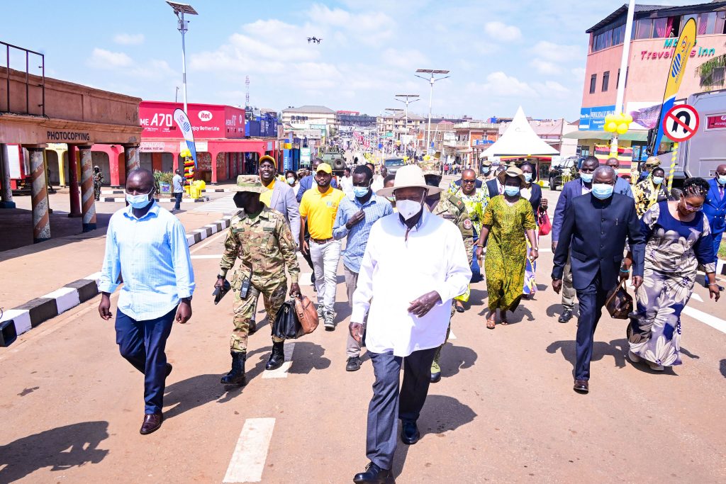 President Museveni accompanied by Ministers Kania Obiga and Persis Namuganza and several political leaders from Mbale tour Naboa street in Mbale City shortly after commissioning the newly reconstructed Mbale city