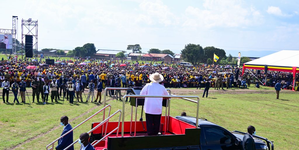 President Museveni addresses a rally at Kaguta grounds in Nyakatonzi, Kasese district on Saturday during thanksgiving celebrations for Gen Wilson Mbadi and Hon Godfrey Kabbyanga on Saturday. PPU Photo