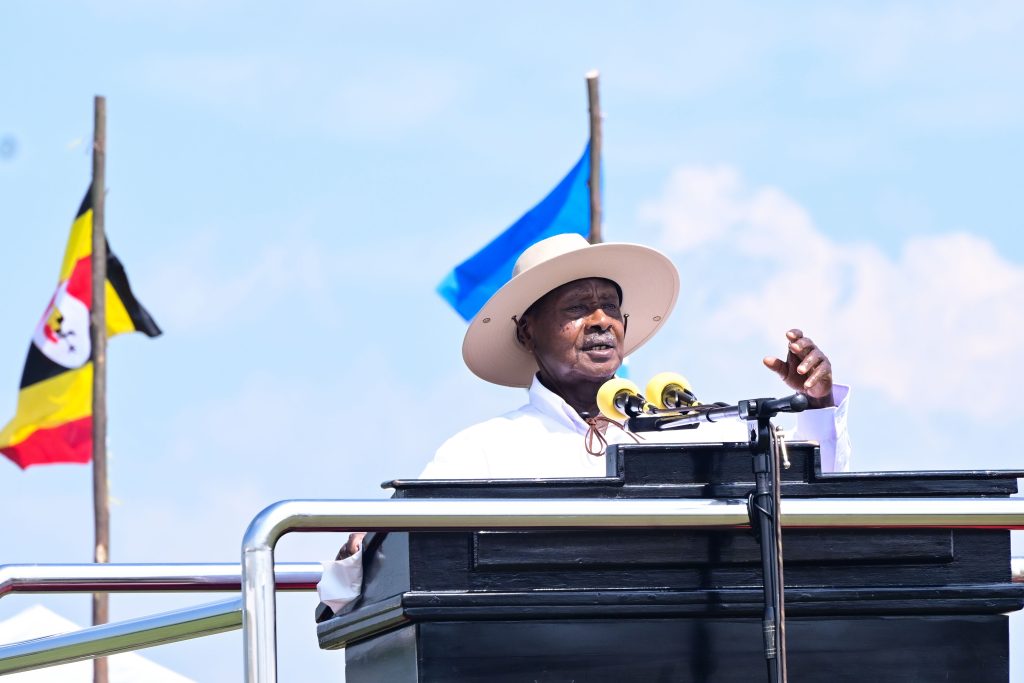 President Museveni addresses a rally at Kaguta grounds in Nyakatonzi, Kasese district on Saturday during thanksgiving celebrations for Gen Wilson Mbadi and Hon Godfrey Kabbyanga on Saturday PPU Photo