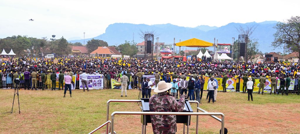 President Museveni addressing a mamoth PDM rally at Maluku grounds in Mbale City on Thursday PPU Photo