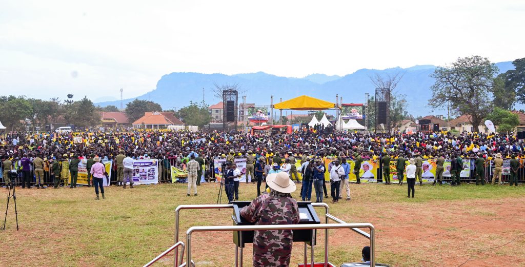 President Museveni addressing a mamoth PDM rally at Maluku grounds in Mbale City on Thursday PPU Photo